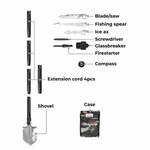 Shovel by Adimanti HK002 Multifunctional shovel - shovel/ hoe/ ax/ flint/ saw/ fish catcher/ screwdriver/ whistle/ opener/ glass breaker/ compass/ ice ax